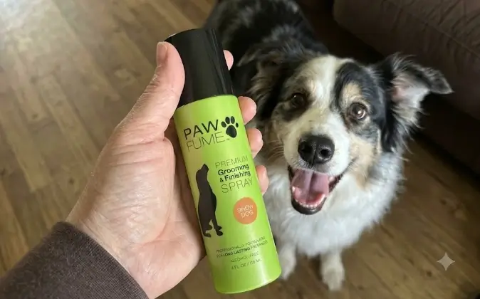 Applying Pet Deodorizing Spray on Canine Upholstery Spraying grooming deodorizer on a dog coat and evaluating the coat texture and shine