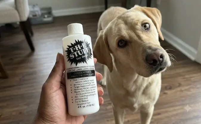 The Stuff Dog Conditioner 16oz bottle packaging and leave-in spray nozzle layout