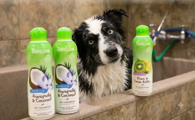 TropiClean Luxury Performance Undercoat Releaser Audit TropiClean Luxury Performance deshedding dog conditioner bottle overview and active lather application