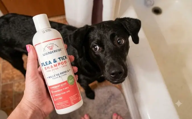 Wondercide Flea & Tick Shampoo bottle review display