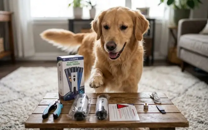 Yabife cordless dog grooming clipper unit alongside attachment guide combs layout