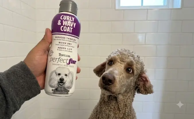 TropiClean PerfectFur Curly Coat Shampoo bottle inspection